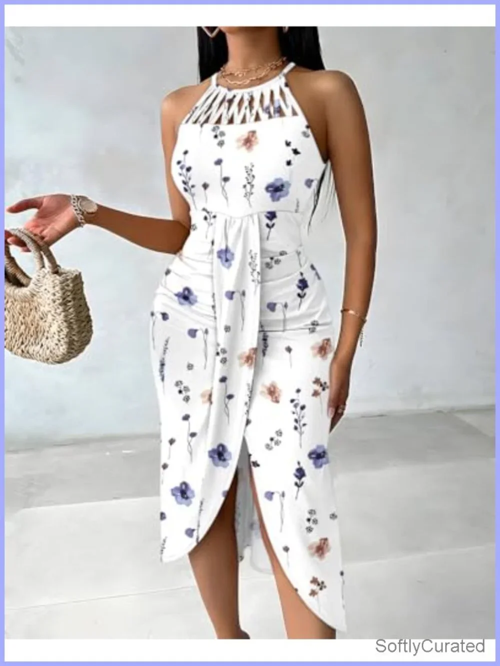 Halter Floral Printed Bodycon Midi Dress